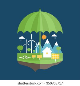 Umbrella and earth with icons of ecology, environment, green energy. Vector
