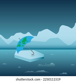 Umbrella with Earth map on it on an iceberg, conceptual vector