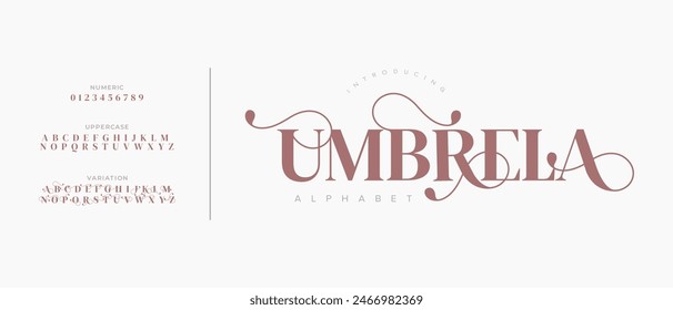 Umbrella elegant font alphabet uppercase lowercase and number. Classic lettering minimal fashion designs. Typography modern serif fonts regular decorative vintage concept. Vector illustration