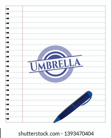 Umbrella emblem draw with pen effect. Blue ink. Vector Illustration. Detailed.