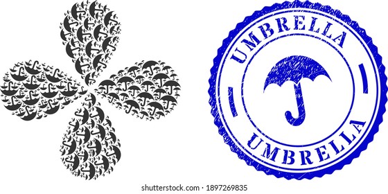 Umbrella explosion flower cluster, and blue round UMBRELLA textured stamp with icon inside. Object flower composed from oriented umbrella items. Vector flower collage in flat style.