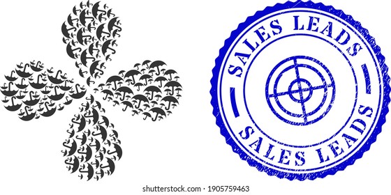 Umbrella explosion flower with four petals, and blue round SALES LEADS scratched stamp print with icon inside. Object flower with 4 petals done from oriented umbrella items.