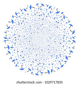 Umbrella explosion sphere. Object pattern done from scattered umbrella pictograms as fireworks spheric cluster. Vector illustration style is flat iconic symbols.
