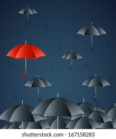 Umbrella with fall rain in the dark sky. Vector concept