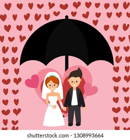 Umbrella and falling hearts, rain hearts with bride and groom. Happy wedding couple. Love card for Valentines Day