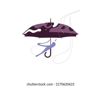 Umbrella with falling rain drops. Colored flat vector illustration with raindrops isolated on white background.