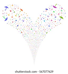Umbrella fireworks stream. Vector illustration style is flat bright multicolored iconic symbols on a white background. Object double fountain done from random pictographs.