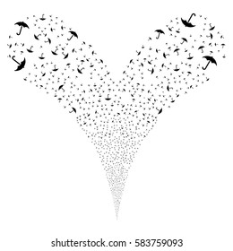 Umbrella fireworks stream. Vector illustration style is flat black iconic symbols on a white background. Object double fountain organized from random icons.