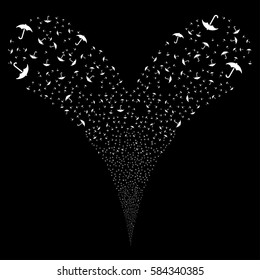 Umbrella fireworks stream. Vector illustration style is flat white iconic symbols on a black background. Object double fountain done from random design elements.