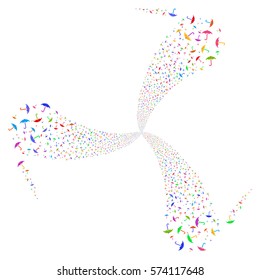 Umbrella fireworks swirl rotation. Vector illustration style is flat bright multicolored iconic symbols on a white background. Object spiral constructed from random symbols.