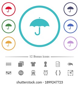 Umbrella flat color icons in circle shape outlines. 12 bonus icons included.