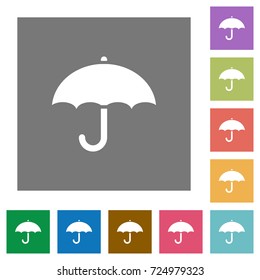Umbrella flat icons on simple color square backgrounds