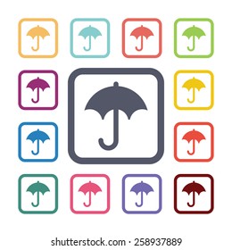 umbrella flat icons set. Open round colorful buttons. Vector 
