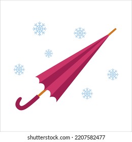 Umbrella flat illustration. Hand drawn colored Vector illustration. Cartoon style. Design templates. Pink Umbrella on white background. snowflakes background. vector illustration eps10