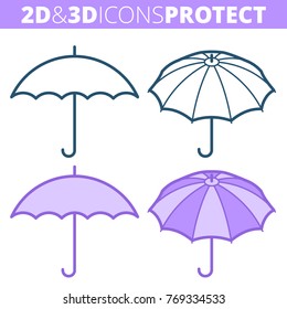 The umbrella. Flat and isometric 3d outline icon set. The security and protection concept line pictogram collection. Vector linear elements for web design, social media, presentations.