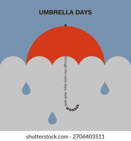 Ilustración vectorial plana de paraguas con gotas de lluvia. Clima lluvioso. Naturaleza. Temporadas.	