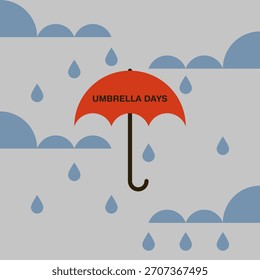 Ilustración vectorial plana de paraguas con gotas de lluvia. Clima lluvioso. Naturaleza. Temporadas.