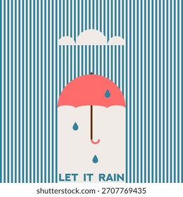 Ilustración vectorial plana de paraguas con gotas de lluvia. Clima lluvioso. Naturaleza. Temporadas.	