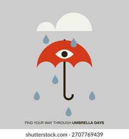 Ilustración vectorial plana de paraguas con gotas de lluvia. Clima lluvioso. Naturaleza. Temporadas.	