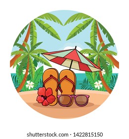Umbrella and flip flops with sunglasses tropical cartoons in beach scenery round background vector illustration graphic design
