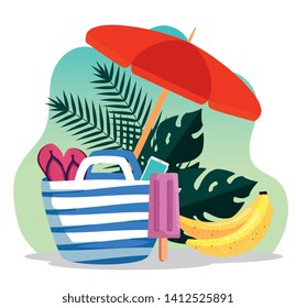 umbrella with flip-flop inside purse with bananas and leaves plants
