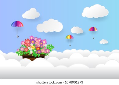 umbrella and Flower in the sky, paper art style