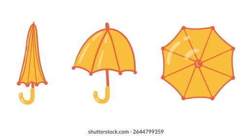Umbrella folded in three variations, set of isolated design elements. Hand-drawn in naive playful style. Bright yellow color with red decoration. For children’s accessories branding, educational games