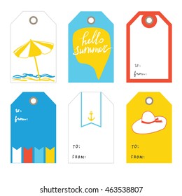 Umbrella, frame for text. Set of 6  creative tags  templates with marine theme design.  Red, blue and yellow Collection tags, cute tags, Set tags, printable tags, hand drawn tags
