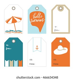 Umbrella, frame for text. Set of 6  creative tags  templates with marine theme design.  summer and sea Collection tags, cute tags, Set tags, printable tags, hand drawn tags