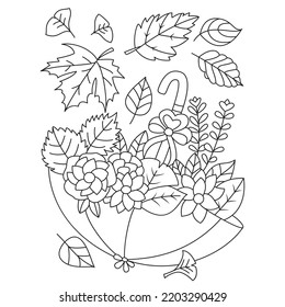 Umbrella full of autumn leaves and flowers gift maple leaves Fall season coloring pages