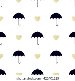 Umbrella and gold hearts. seamless background
