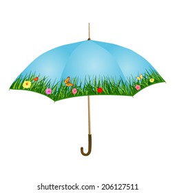 umbrella with grass, flowers and butterflies 