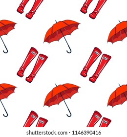Umbrella and gumboots seamless pattern. Vector illustration of umbrella isolated on white background.