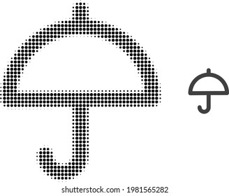 Umbrella halftone dot icon illustration. Halftone array contains round elements. Vector illustration of umbrella icon on a white background. Flat abstraction for umbrella symbol.