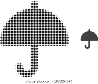 Umbrella halftone dotted icon illustration. Halftone array contains round elements. Vector illustration of umbrella icon on a white background. Flat abstraction for umbrella pictogram.