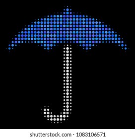 Umbrella halftone vector icon. Illustration style is dot iconic umbrella symbol on a black background. Halftone matrix is build with round dots.