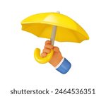 Umbrella in hand vector 3d icon. Yellow parasol illustration, isolated on white background. Safety or protection concept, cartoon character arm