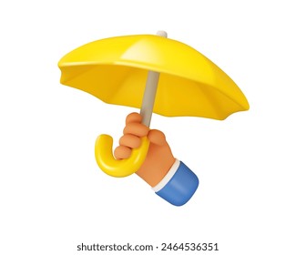 Umbrella in hand vector 3d icon. Yellow parasol illustration, isolated on white background. Safety or protection concept, cartoon character arm