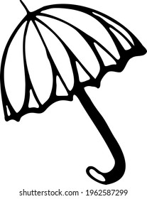 Umbrella with handle vector black and white hand-drawn illustration. Isolated object on a white background.