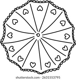 An umbrella with heart shapes and scalloped edges drawn in a bold line style. The top view shows a circular pattern with symmetrical heart motifs. Cartoon vector illustration.