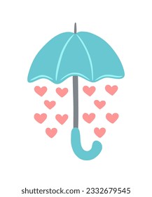 Umbrella with hearts. Blue umbrella with falling pink hearts. Design element for greeting card, invitation, print, sticker, pattern. Illustration for birthday, valentine's day and gender reveal party.