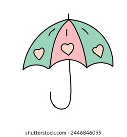 Umbrella with hearts in doodle style. Vector illustration isolated on white background