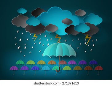 umbrella with heavy fall rain in the dark sky.paper art style.