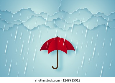 Umbrella with heavy rain, rainy season, paper art style