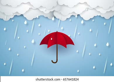 Umbrella with heavy rain, rainy season, paper art style