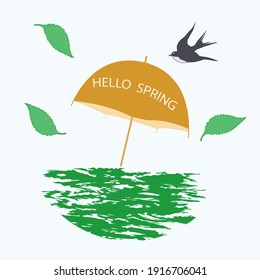 Umbrella, hello spring, green leaves, swallow flies - vector. Spring motive.