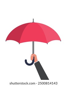 Umbrella holding in hand. Vector illustration flat design. Protection icon. Security concept. Isolated on white background.