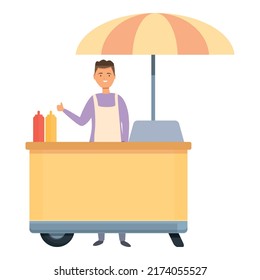Umbrella hot dog seller icon cartoon vector. Food stand. Kiosk market