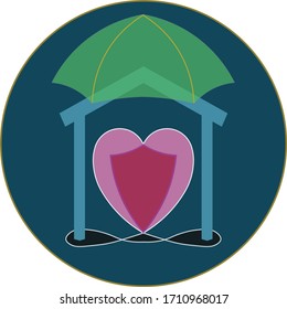 umbrella and house with heart and shield in it