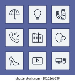 Umbrella icon with bulb, PC and shoe editable symbols. Set of speech, shoe, handset icons and film concept. Editable vector elements for logo app UI design.
